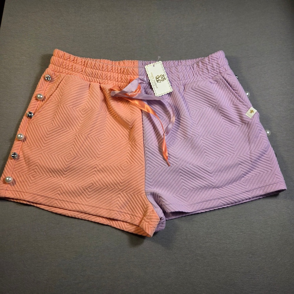 Simply Southern Quilted Colorblock Shorts Orchid Peach Pearl Rhinestone XL NEW